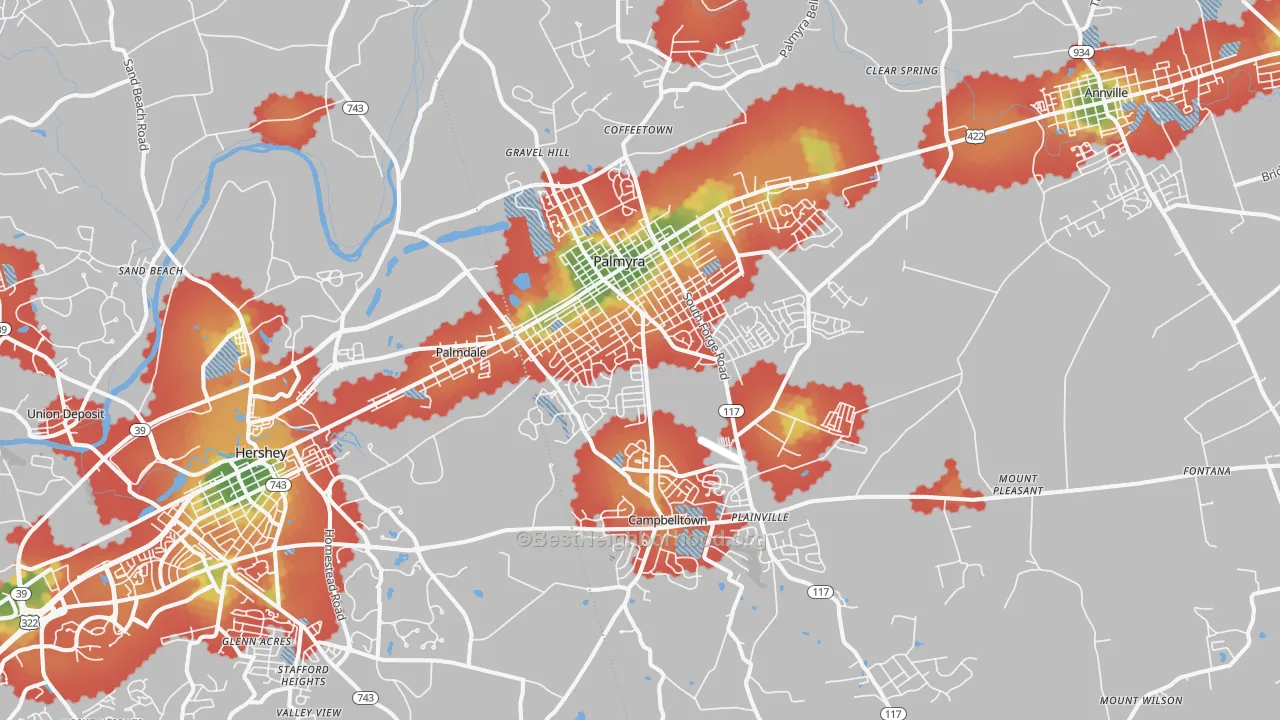 Walk Grade map of 17078, PA, walkable areas in green and car-dependent areas in red