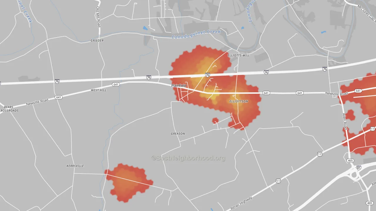 Walk Grade map of 17081, PA, walkable areas in green and car-dependent areas in red