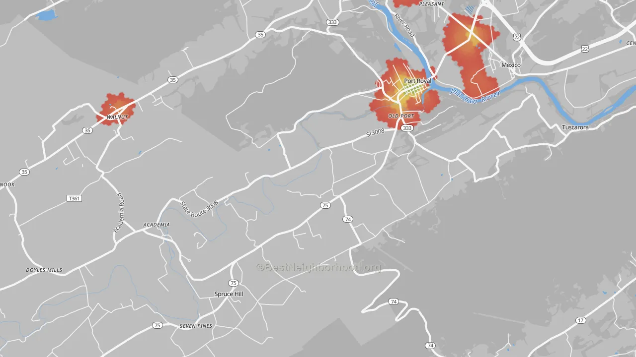 Walk Grade map of 17082, PA, walkable areas in green and car-dependent areas in red
