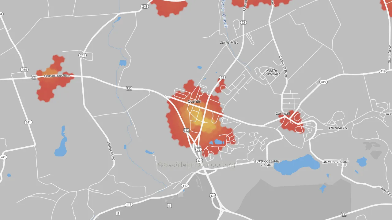 Walk Grade map of 17083, PA, walkable areas in green and car-dependent areas in red