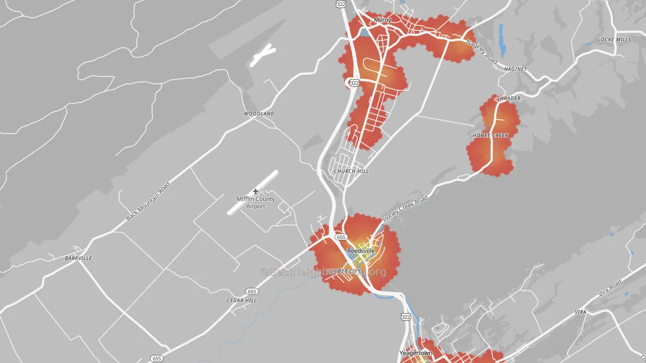 Walk Grade map of 17084, PA, walkable areas in green and car-dependent areas in red