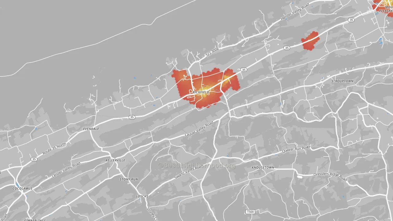 Walk Grade map of 17086, PA, walkable areas in green and car-dependent areas in red