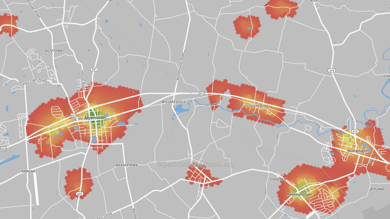 Walk Grade map of 17087, PA, walkable areas in green and car-dependent areas in red