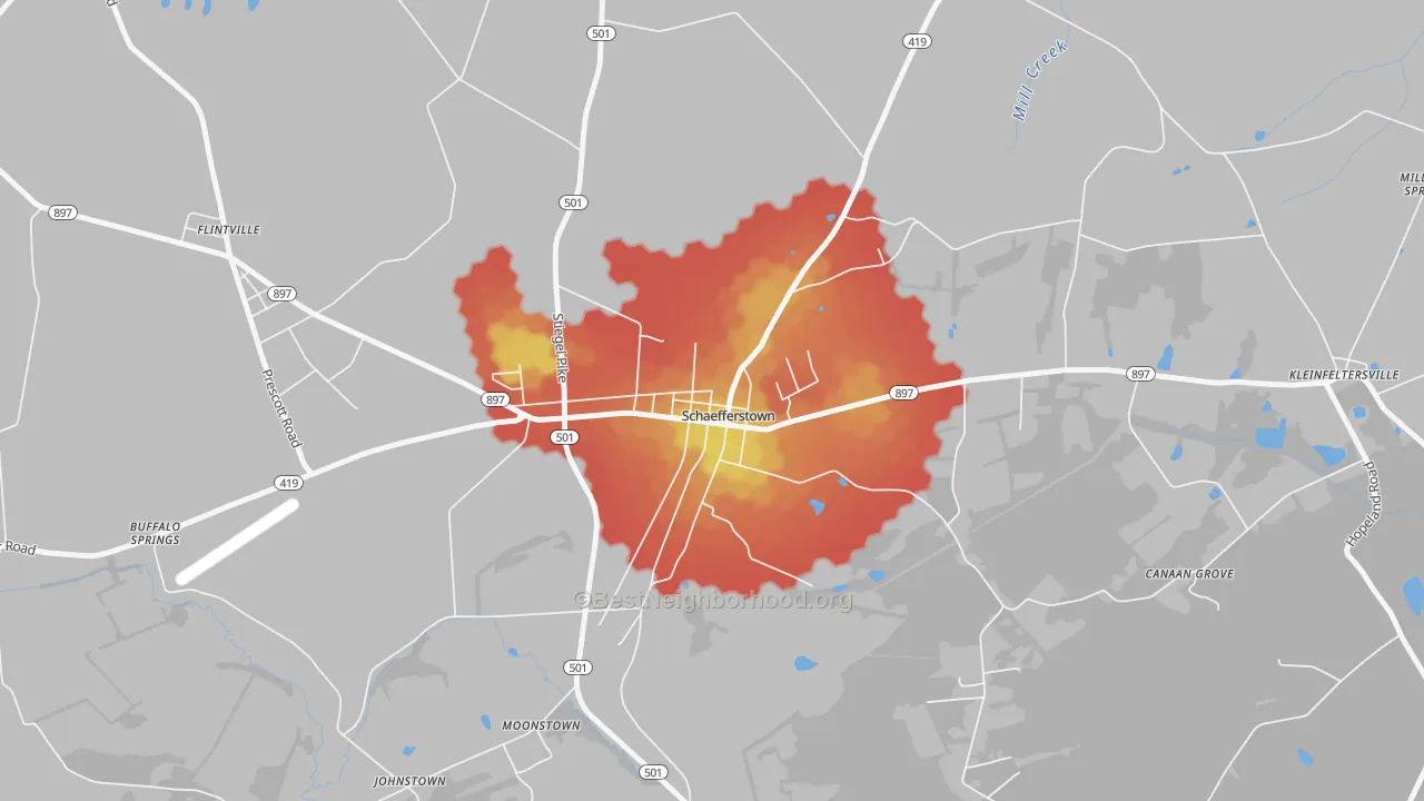 Walk Grade map of 17088, PA, walkable areas in green and car-dependent areas in red