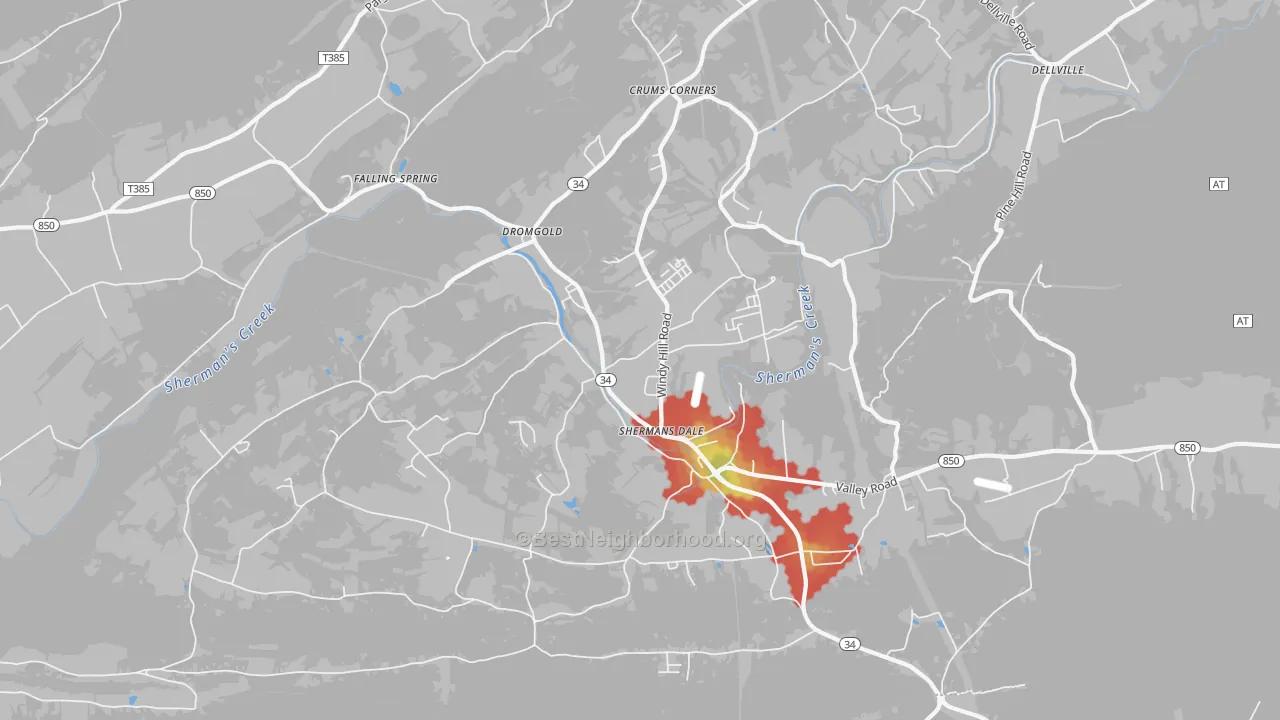 Walk Grade map of 17090, PA, walkable areas in green and car-dependent areas in red