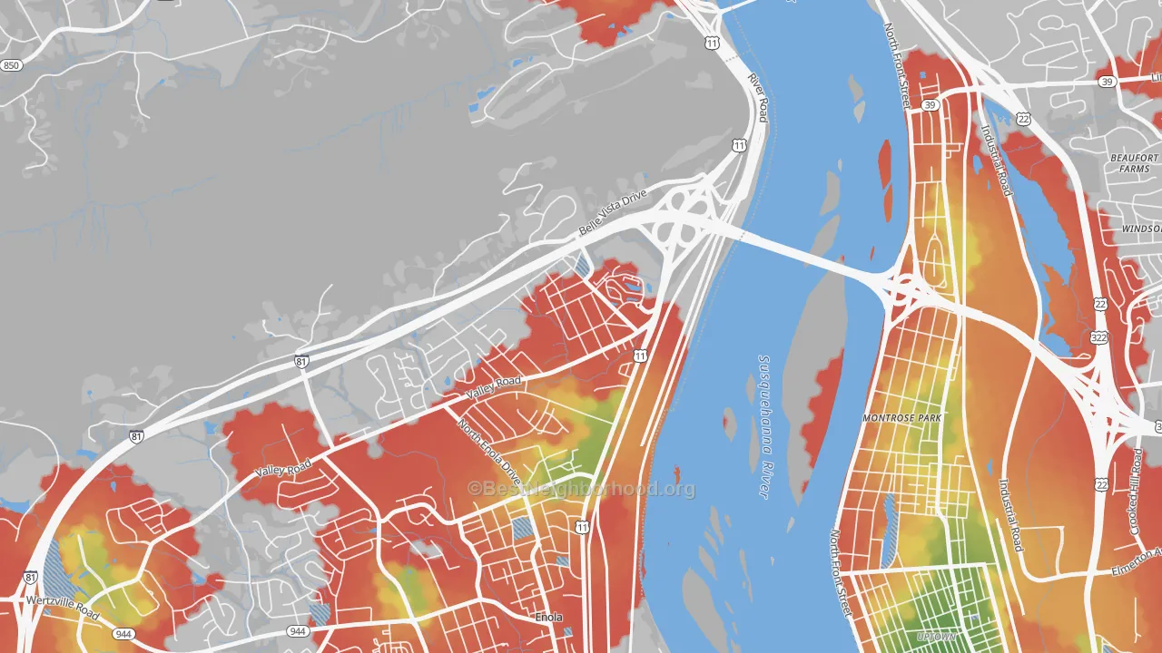 Walk Grade map of 17093, PA, walkable areas in green and car-dependent areas in red