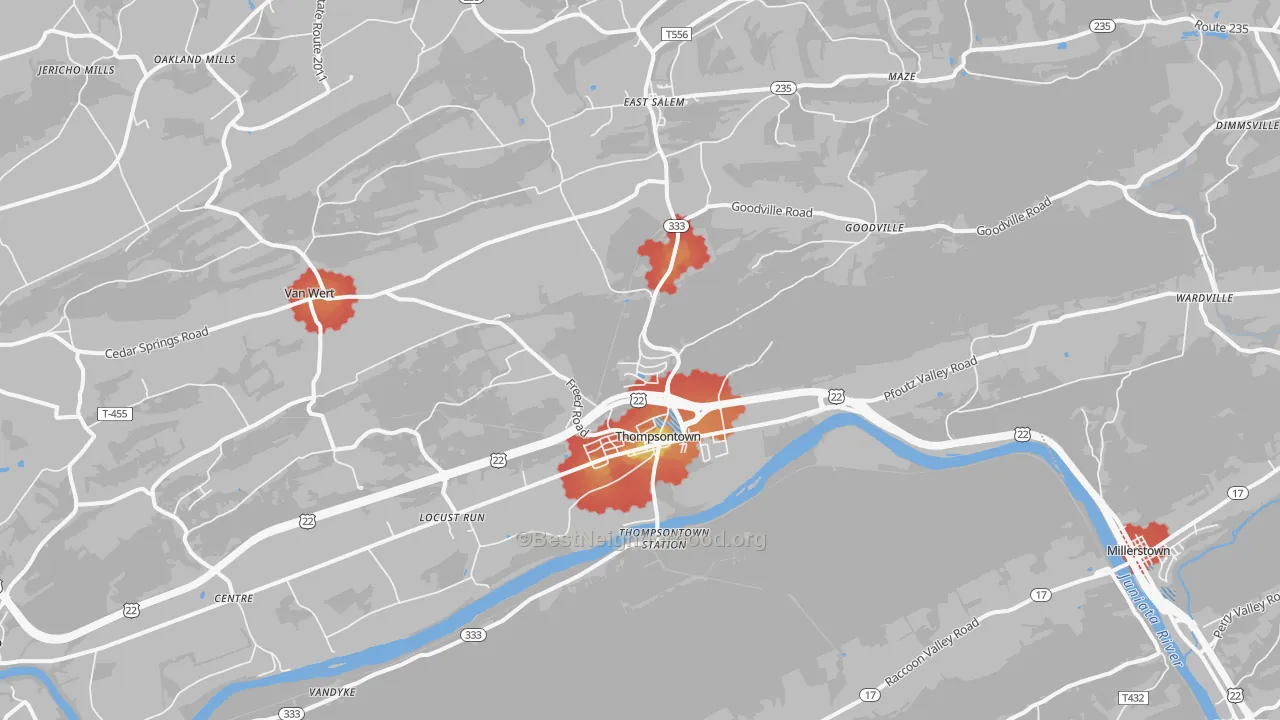 Walk Grade map of 17094, PA, walkable areas in green and car-dependent areas in red
