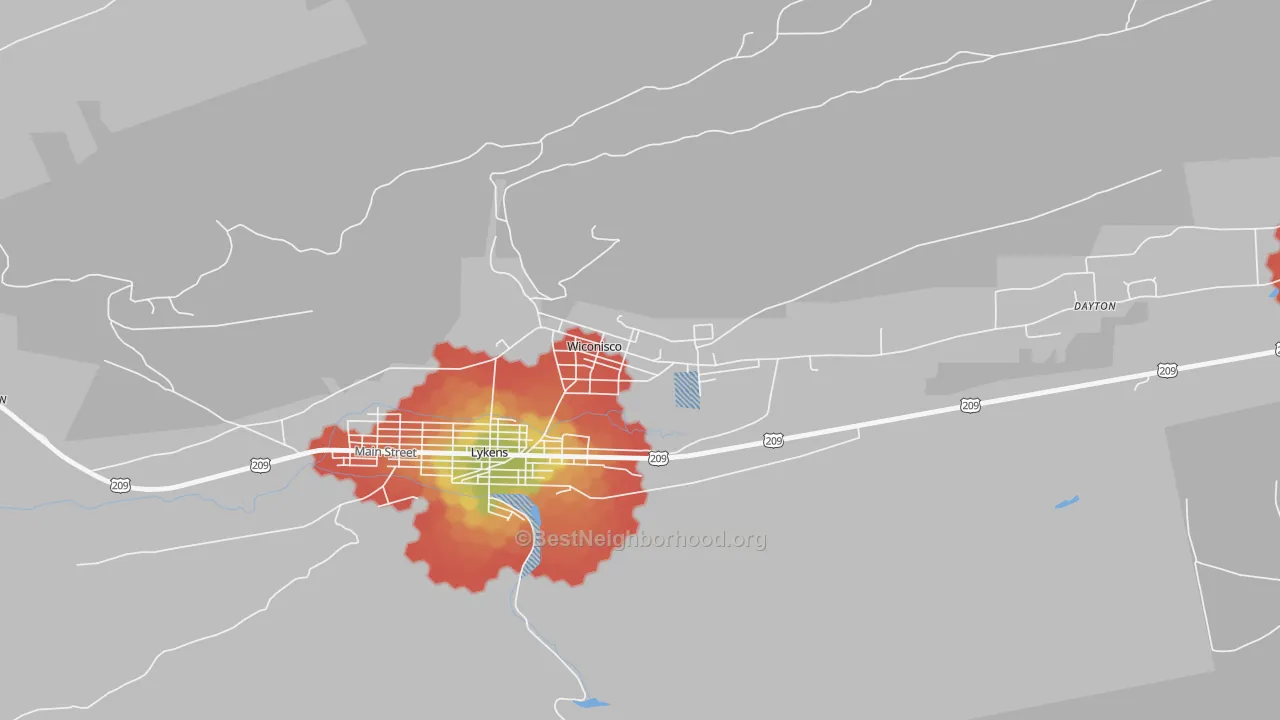 Walk Grade map of 17097, PA, walkable areas in green and car-dependent areas in red
