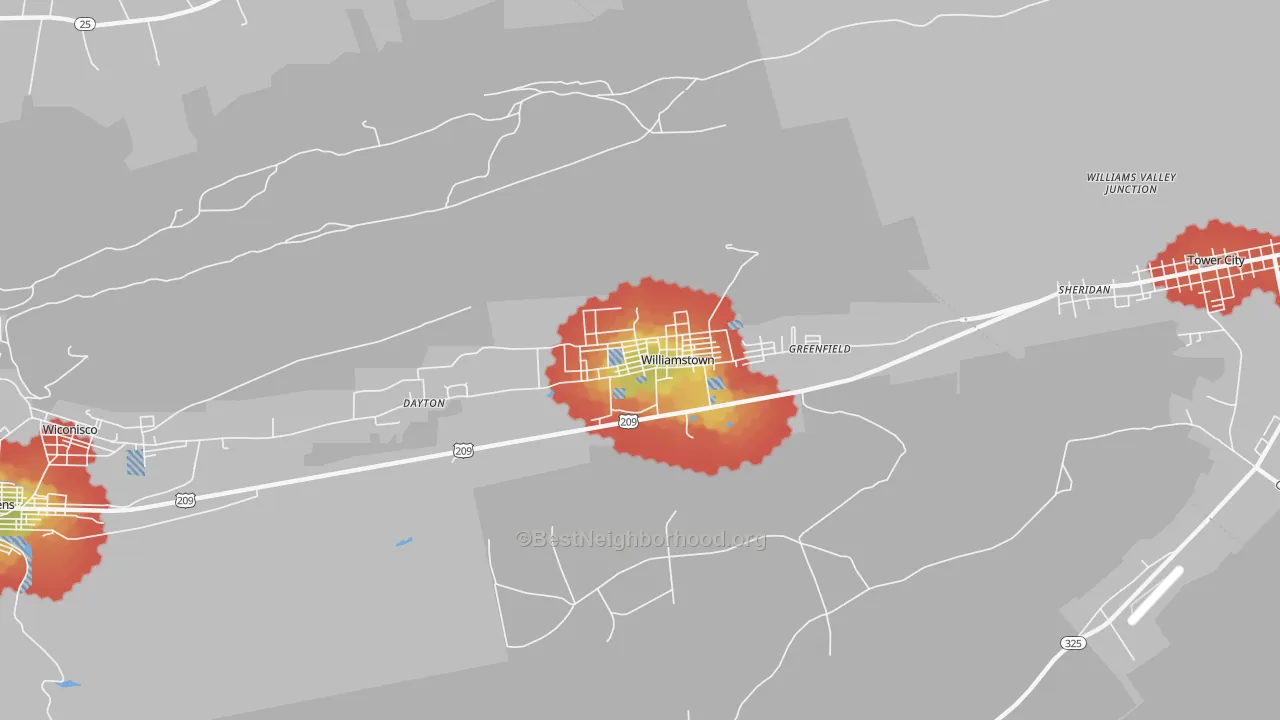 Walk Grade map of 17098, PA, walkable areas in green and car-dependent areas in red