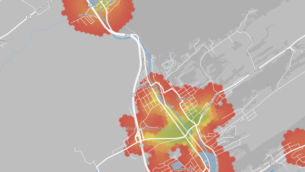 Walk Grade map of 17099, PA, walkable areas in green and car-dependent areas in red