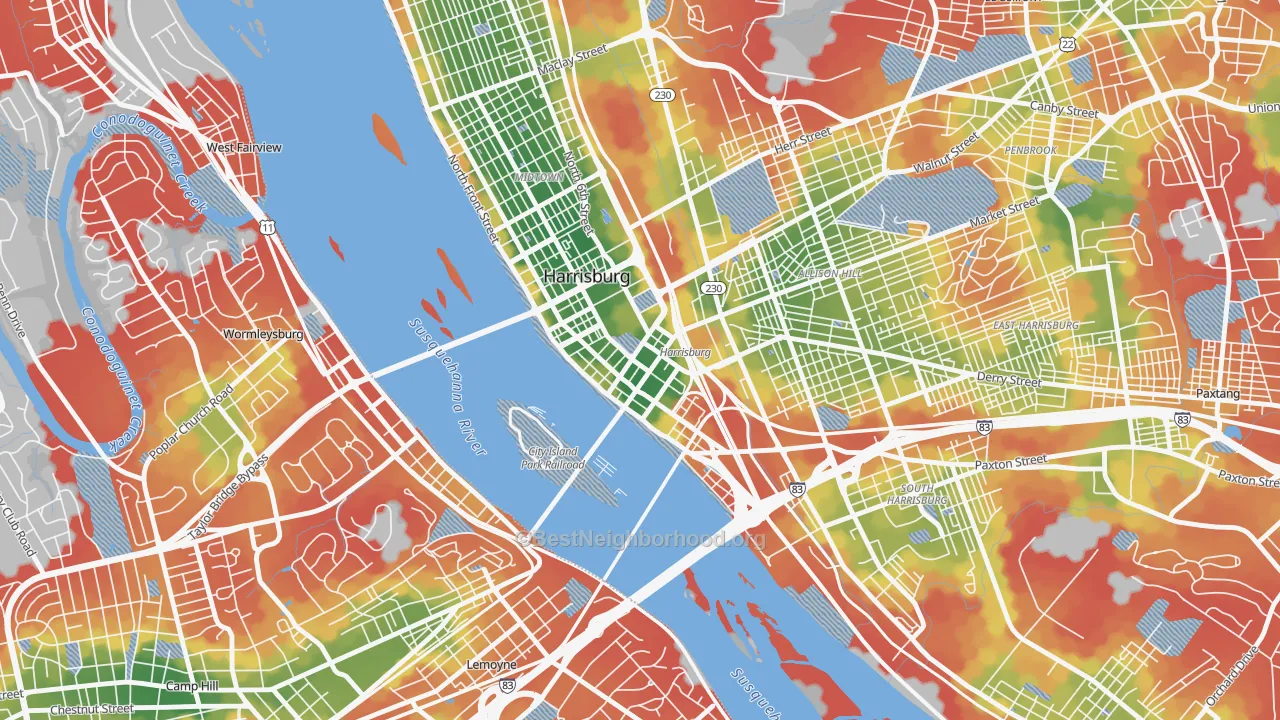 Walk Grade map of 17101, PA, walkable areas in green and car-dependent areas in red
