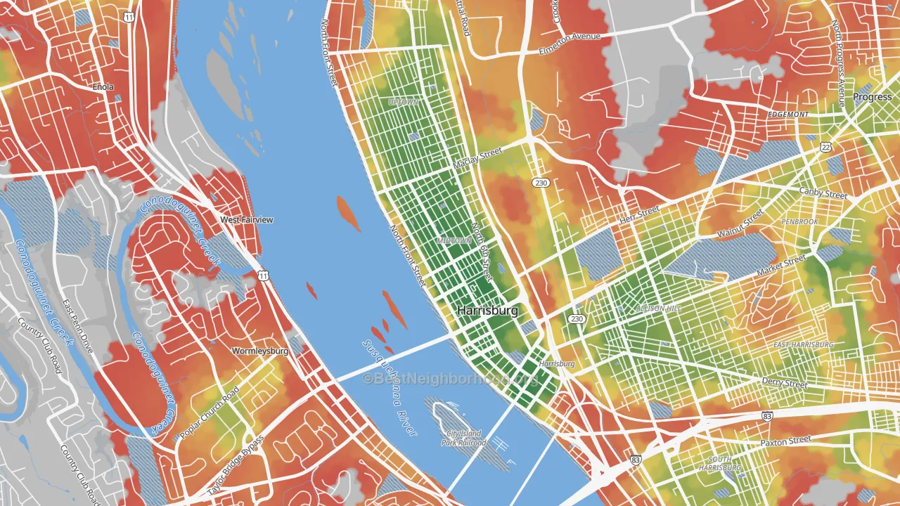 Walk Grade map of 17102, PA, walkable areas in green and car-dependent areas in red