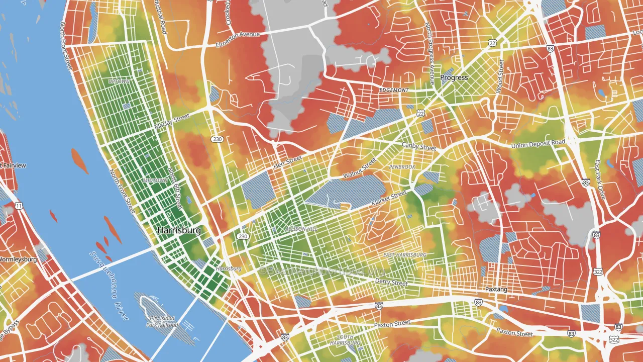 Walk Grade map of 17103, PA, walkable areas in green and car-dependent areas in red