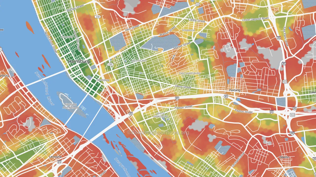 Walk Grade map of 17104, PA, walkable areas in green and car-dependent areas in red