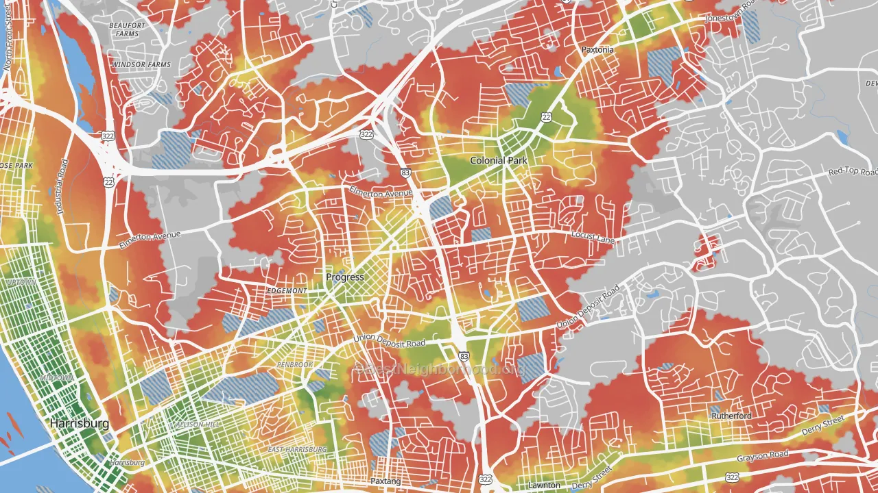Walk Grade map of 17109, PA, walkable areas in green and car-dependent areas in red