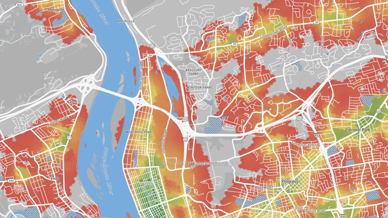 Walk Grade map of 17110, PA, walkable areas in green and car-dependent areas in red