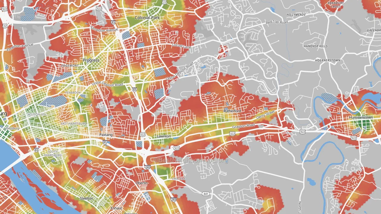 Walk Grade map of 17111, PA, walkable areas in green and car-dependent areas in red