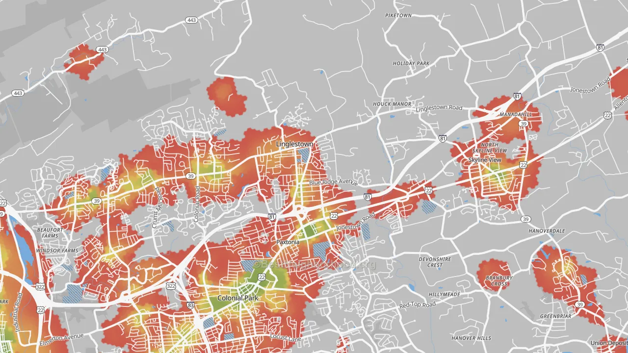 Walk Grade map of 17112, PA, walkable areas in green and car-dependent areas in red