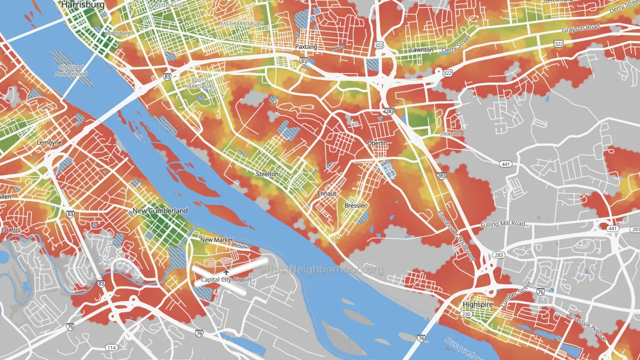Walk Grade map of 17113, PA, walkable areas in green and car-dependent areas in red