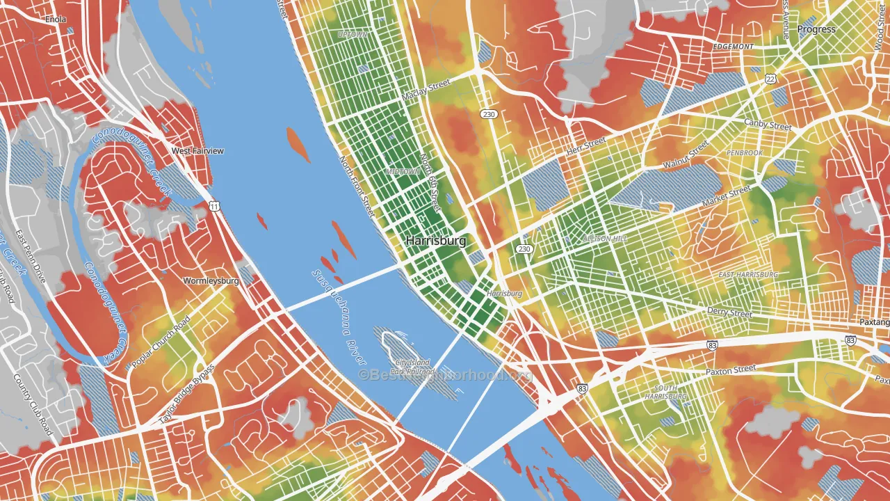 Walk Grade map of 17120, PA, walkable areas in green and car-dependent areas in red