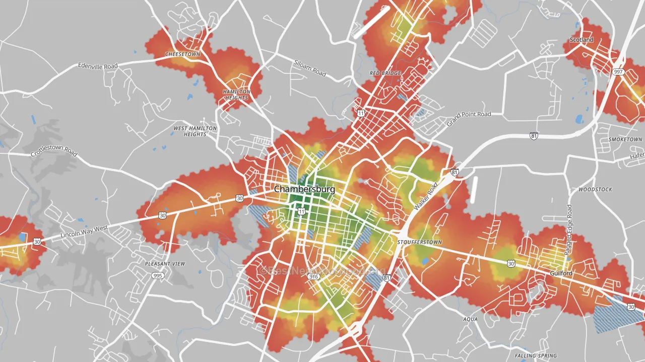 Walk Grade map of 17201, PA, walkable areas in green and car-dependent areas in red