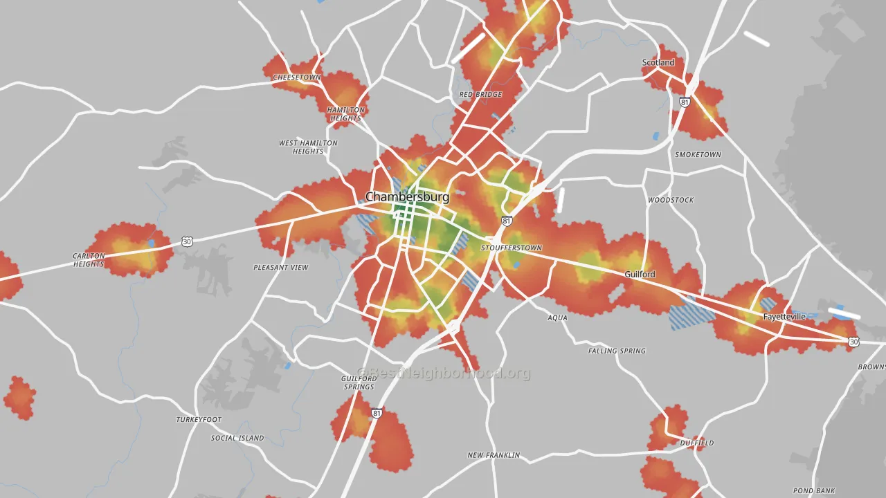 Walk Grade map of 17202, PA, walkable areas in green and car-dependent areas in red