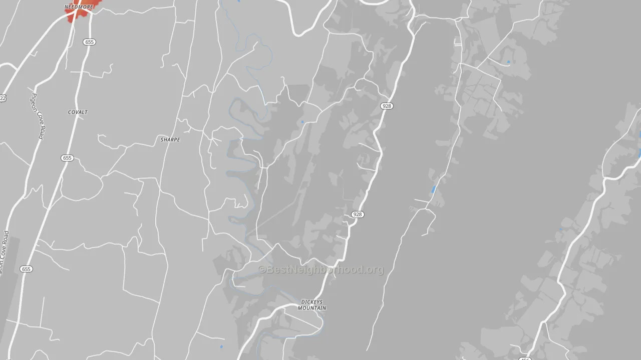 Walk Grade map of 17212, PA, walkable areas in green and car-dependent areas in red