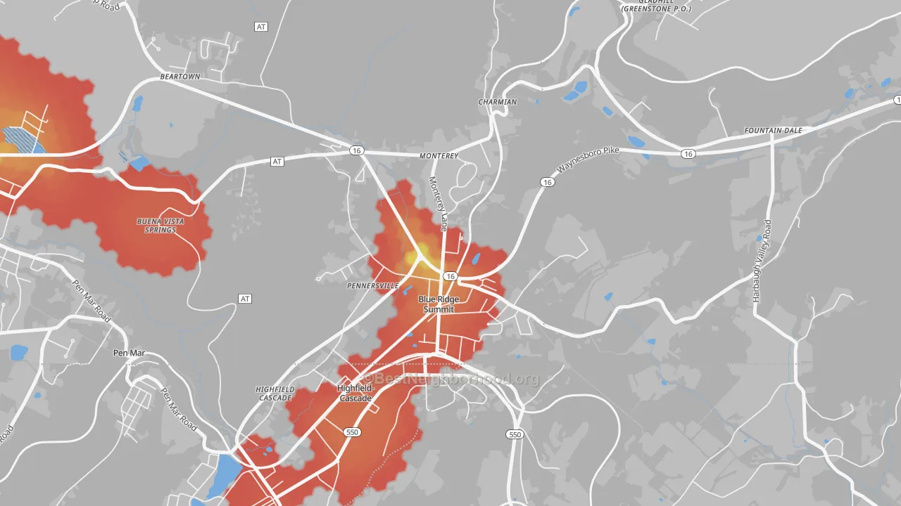 Walk Grade map of 17214, PA, walkable areas in green and car-dependent areas in red