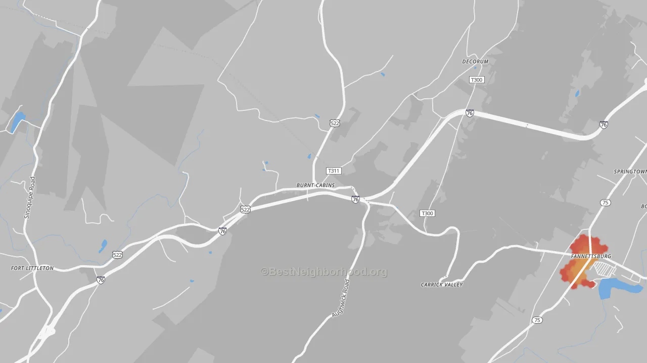 Walk Grade map of 17215, PA, walkable areas in green and car-dependent areas in red