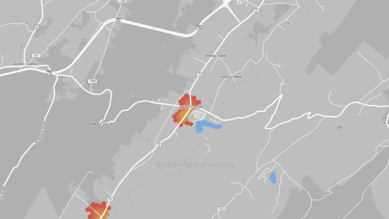 Walk Grade map of 17221, PA, walkable areas in green and car-dependent areas in red