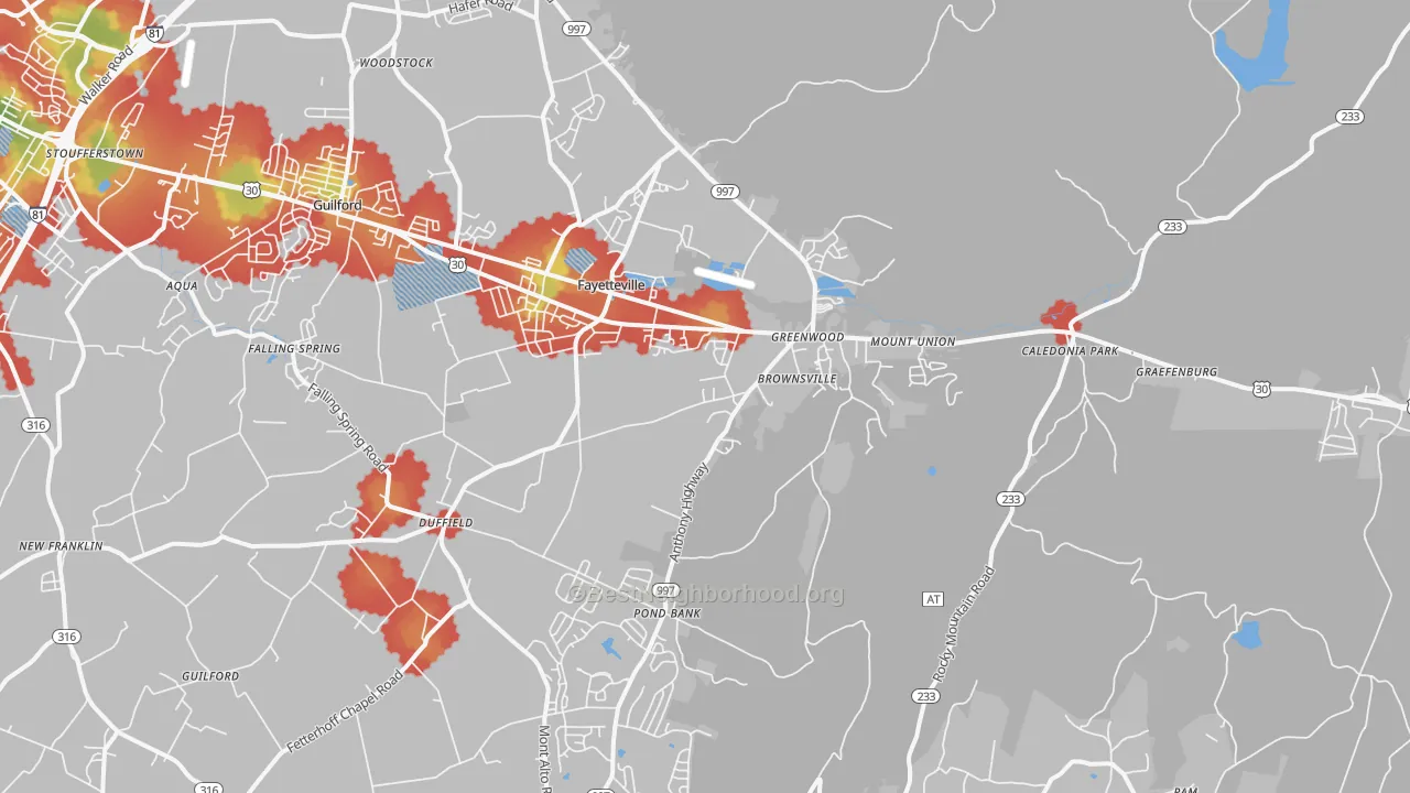 Walk Grade map of 17222, PA, walkable areas in green and car-dependent areas in red