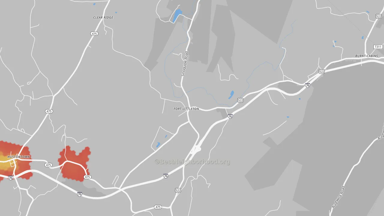 Walk Grade map of 17223, PA, walkable areas in green and car-dependent areas in red