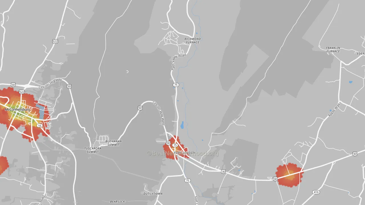 Walk Grade map of 17224, PA, walkable areas in green and car-dependent areas in red