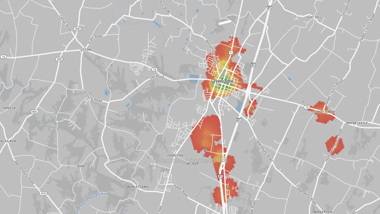 Walk Grade map of 17225, PA, walkable areas in green and car-dependent areas in red