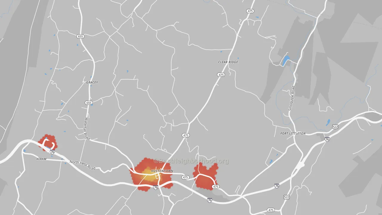 Walk Grade map of 17229, PA, walkable areas in green and car-dependent areas in red