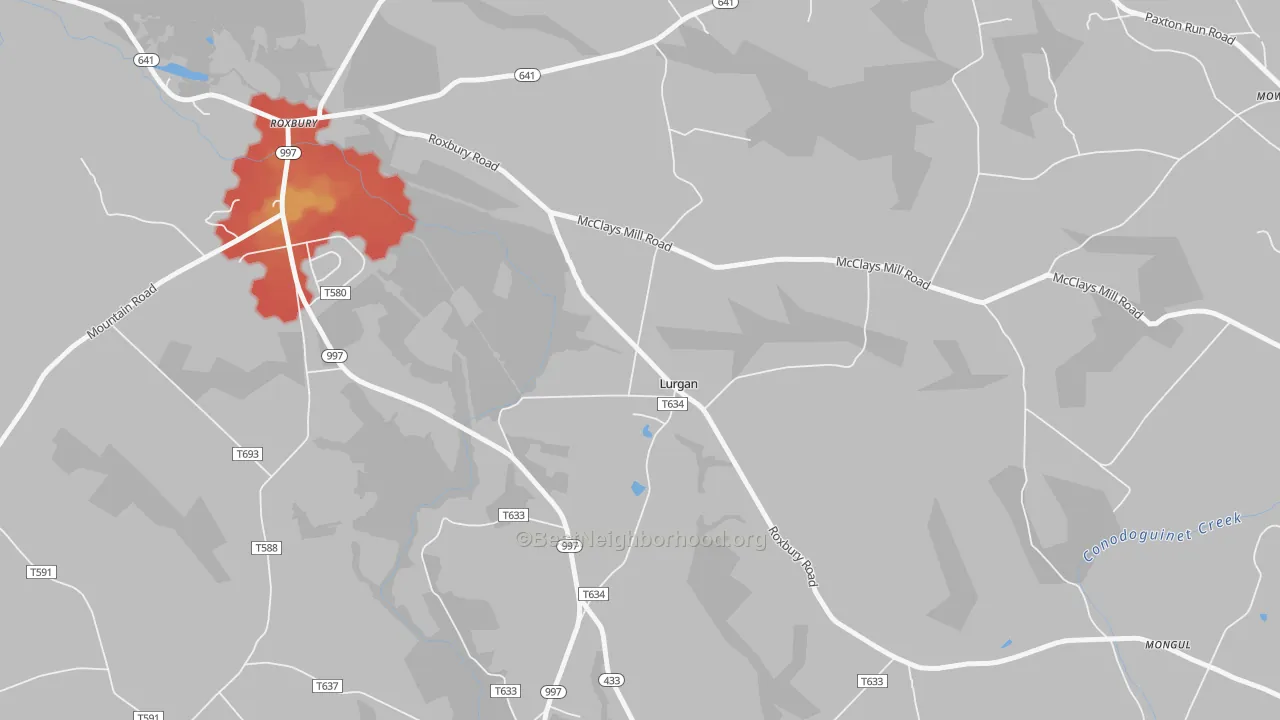 Walk Grade map of 17232, PA, walkable areas in green and car-dependent areas in red