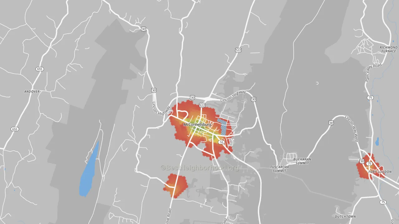 Walk Grade map of 17233, PA, walkable areas in green and car-dependent areas in red