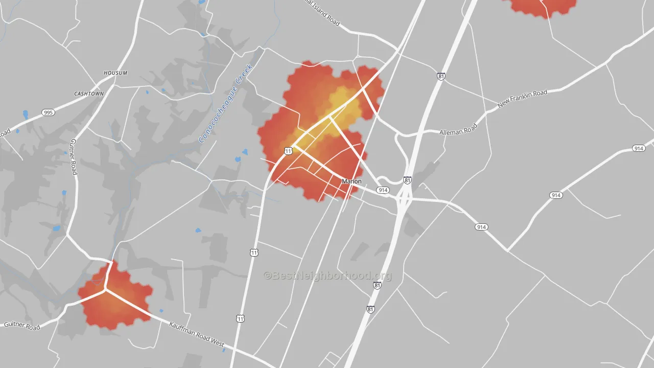 Walk Grade map of 17235, PA, walkable areas in green and car-dependent areas in red