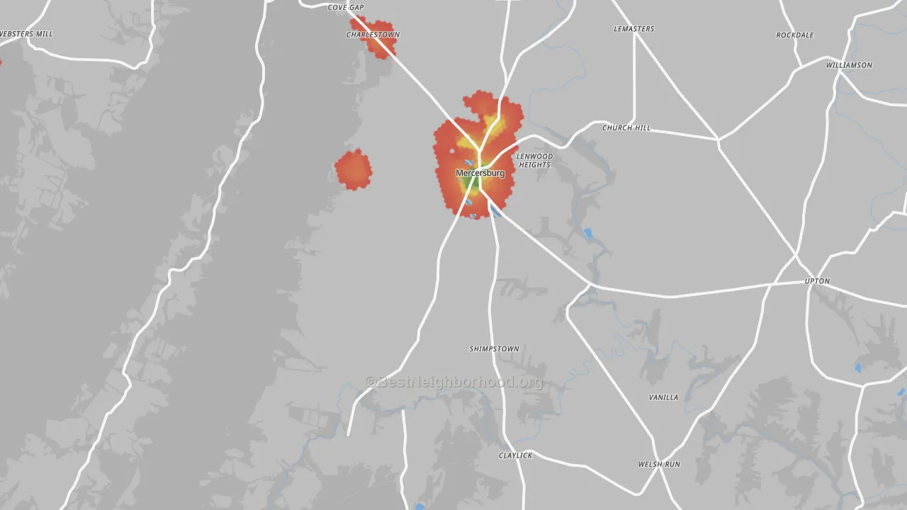 Walk Grade map of 17236, PA, walkable areas in green and car-dependent areas in red