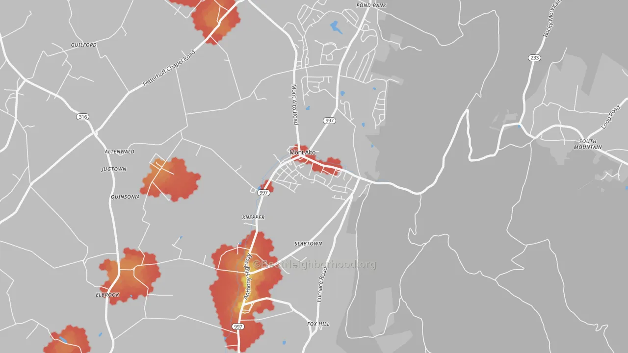Walk Grade map of 17237, PA, walkable areas in green and car-dependent areas in red
