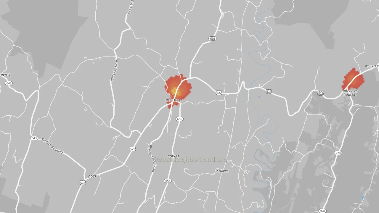 Walk Grade map of 17238, PA, walkable areas in green and car-dependent areas in red