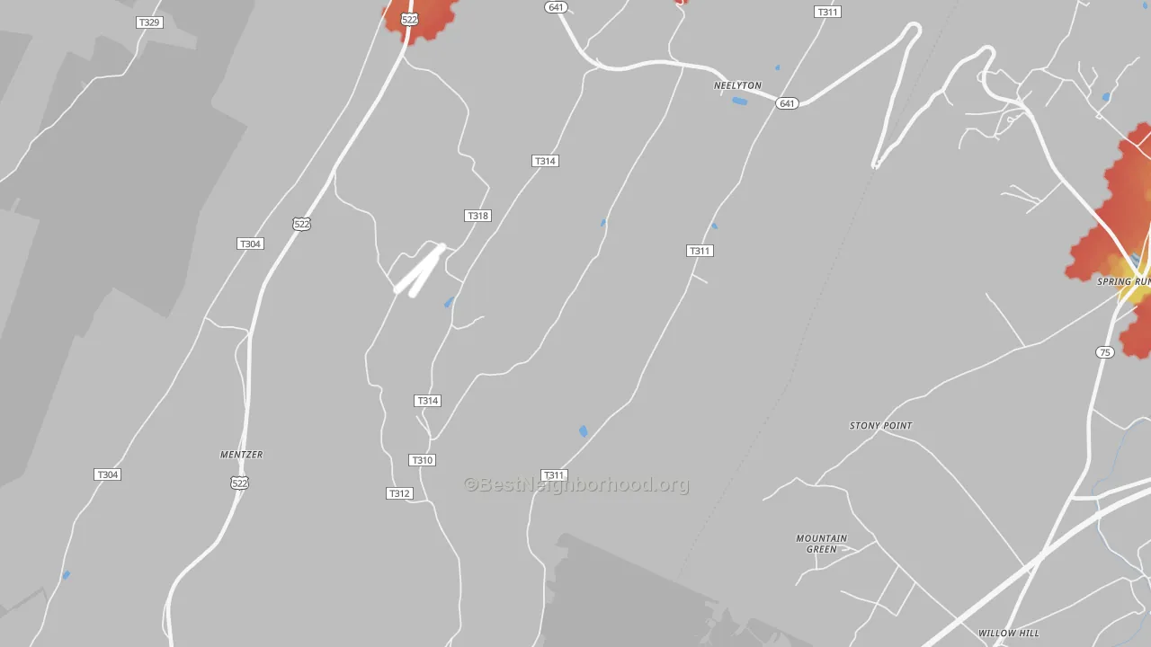 Walk Grade map of 17239, PA, walkable areas in green and car-dependent areas in red
