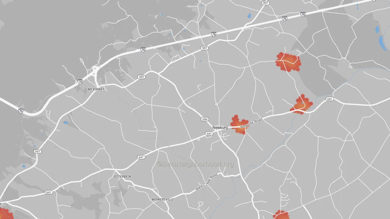 Walk Grade map of 17240, PA, walkable areas in green and car-dependent areas in red
