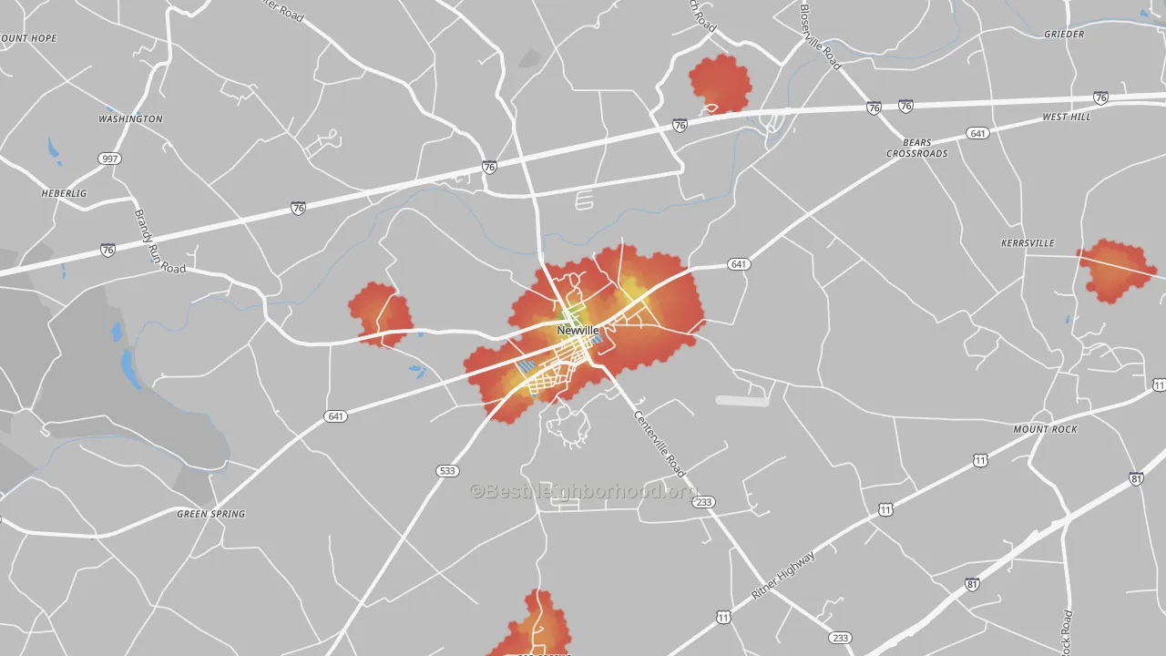 Walk Grade map of 17241, PA, walkable areas in green and car-dependent areas in red