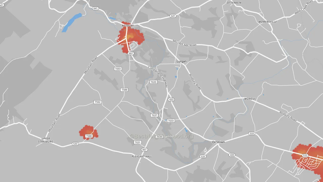 Walk Grade map of 17244, PA, walkable areas in green and car-dependent areas in red