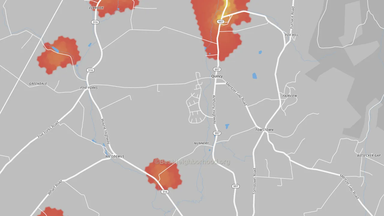 Walk Grade map of 17247, PA, walkable areas in green and car-dependent areas in red