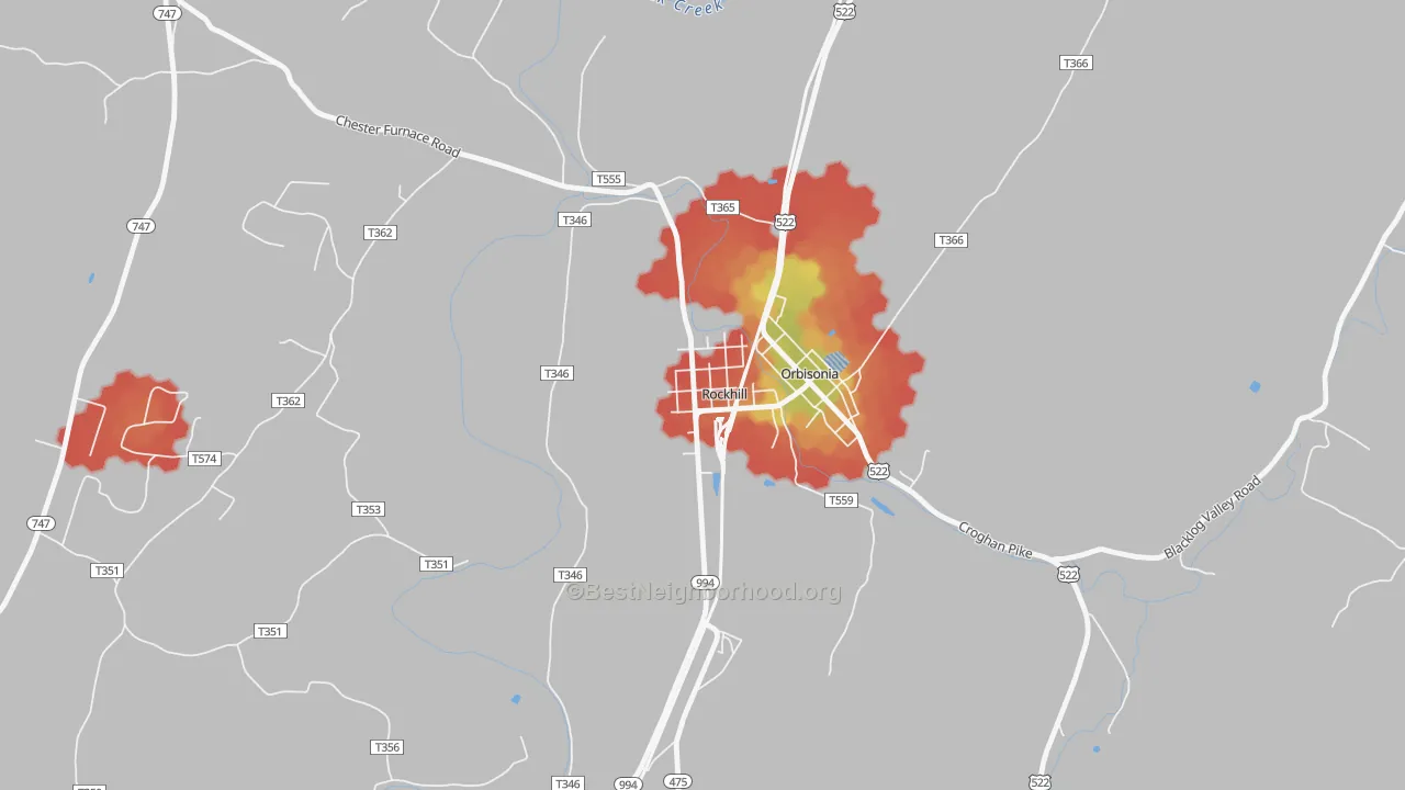 Walk Grade map of 17249, PA, walkable areas in green and car-dependent areas in red