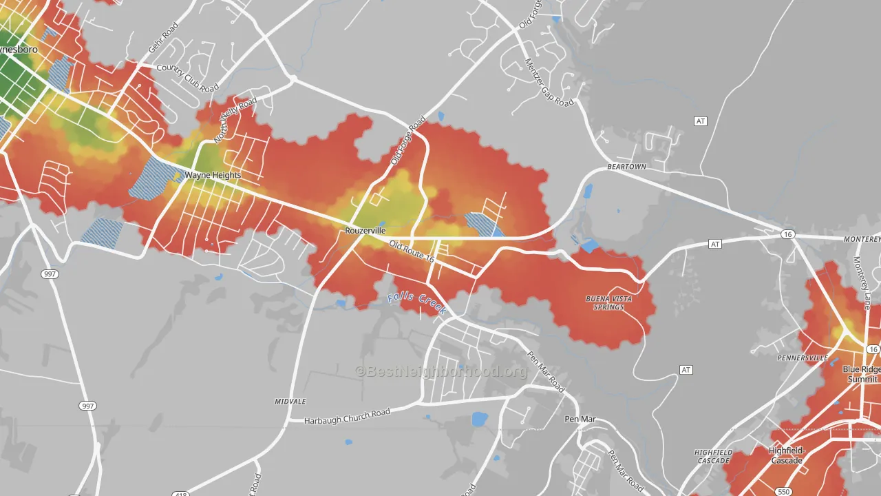 Walk Grade map of 17250, PA, walkable areas in green and car-dependent areas in red