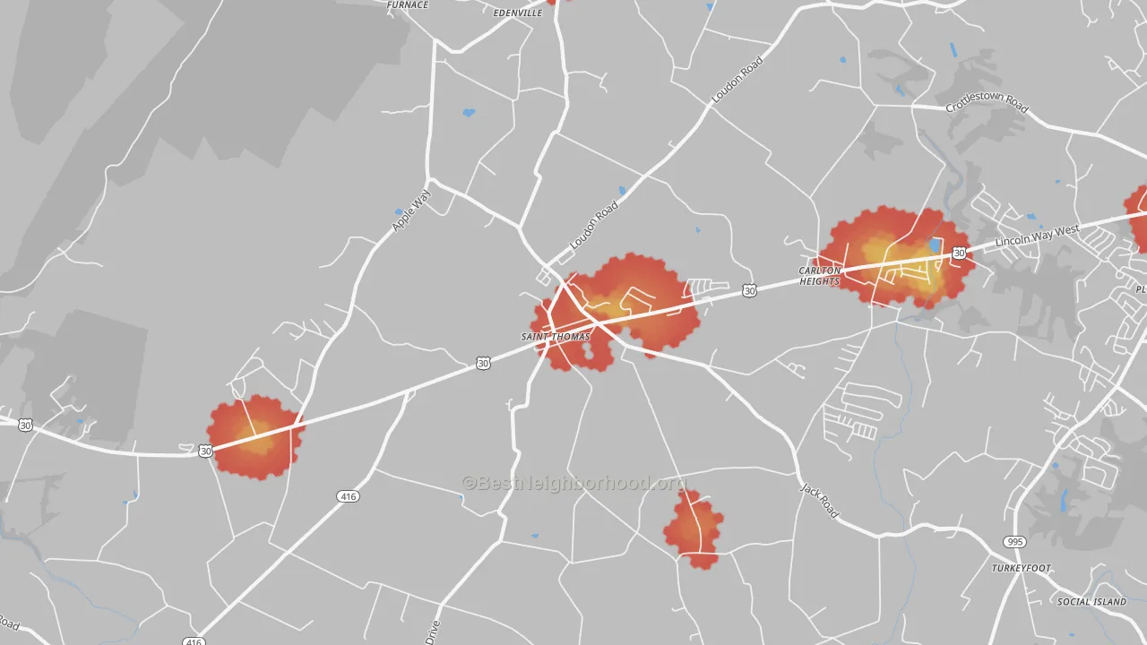 Walk Grade map of 17252, PA, walkable areas in green and car-dependent areas in red