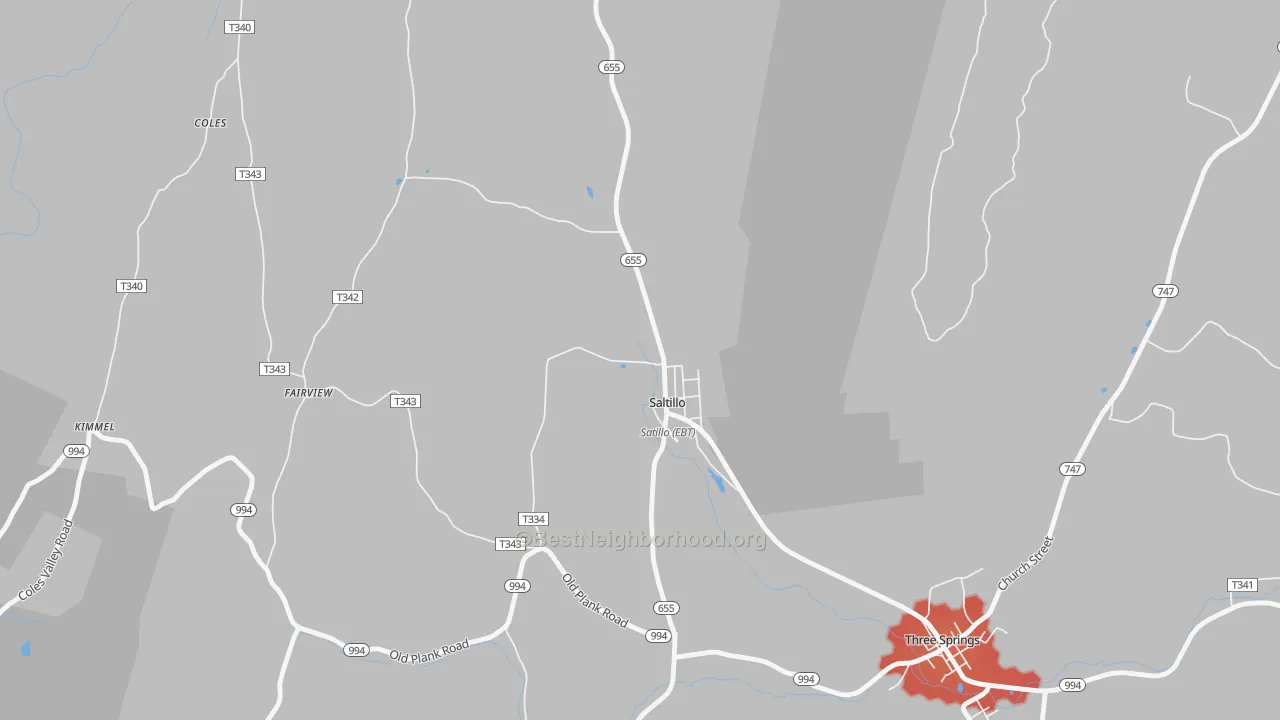 Walk Grade map of 17253, PA, walkable areas in green and car-dependent areas in red